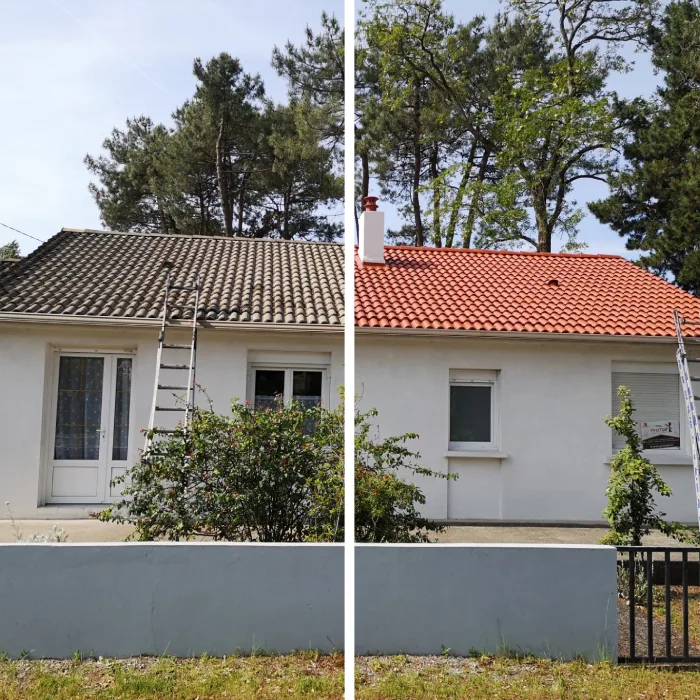Toiture d'une maison avant rénovation, tuiles ternies par la mousse